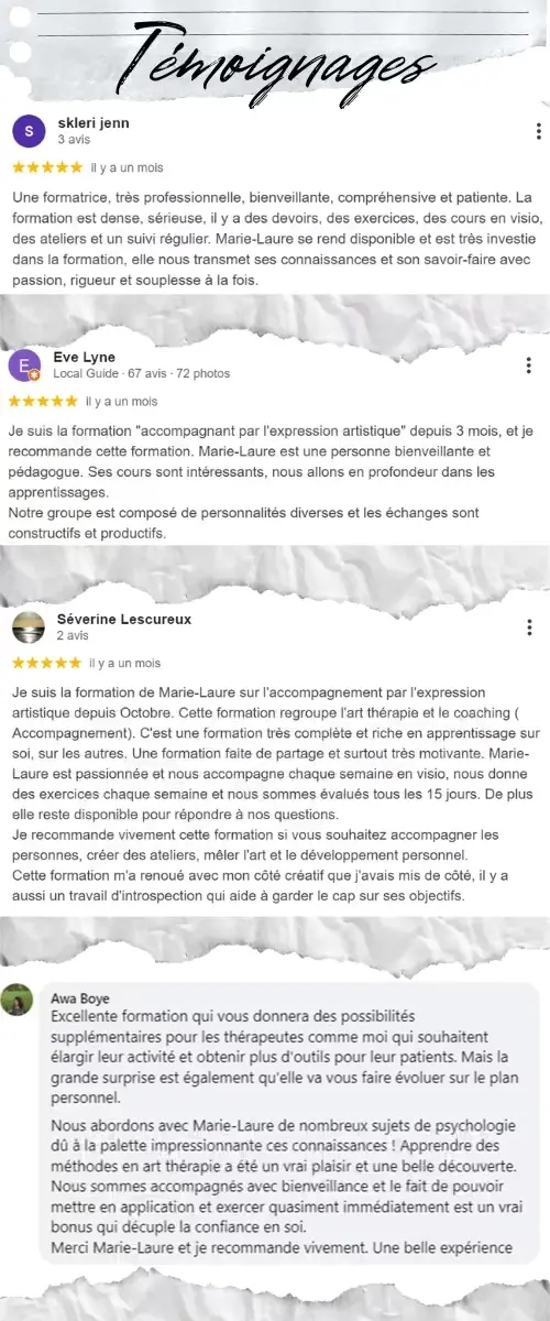 Avis et témoignages d'élèves sur la formation à distance de praticien et coach en art-thérapie dispensée par Marie-Laure König directrice de coaching art-thérapie