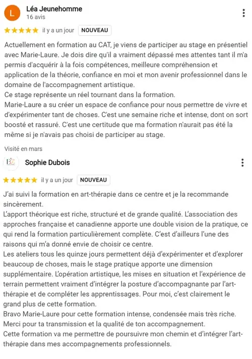 Avis Google et retours d'expérience sur le stage en présentiel et l'approche franco-canadienne de la formation d'art-thérapie et coaching à distance CAT.