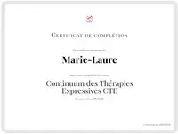 Certificat de complétion du Continuum des Thérapies Expressives CTE délivré à Marie-Laure par l'IFCAT Montréal, gage de sérieux de la méthode C.A.T®.