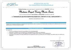 Attestation IFORTPSY de thérapeute en psychopathologies de l'enfant et de l'adolescent décernée à Marie-Laure Fiquet-König, gage de crédibilité pour l'école C.A.T®.