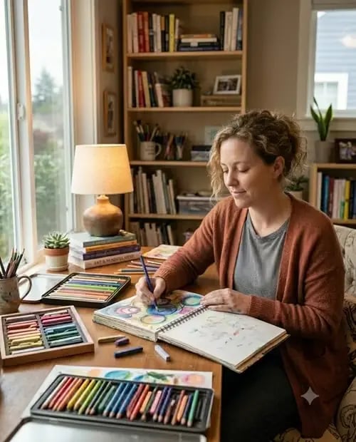 Femme sereine à son bureau qui illustre les bienfaits d'un cycle d'art-thérapie en créant avec des crayons et des pastels dans son carnet