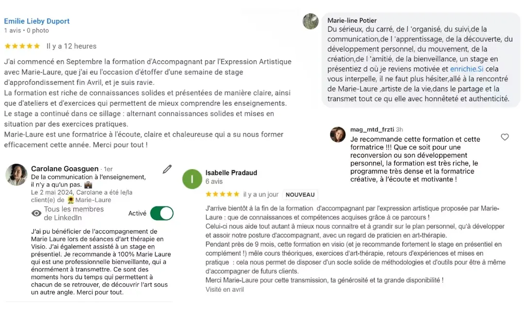 Captures d'écran d'avis Google et LinkedIn de stagiaires évaluant la formation certifiante d'accompagnant par l'expression artistique de l'école C.A.T®.