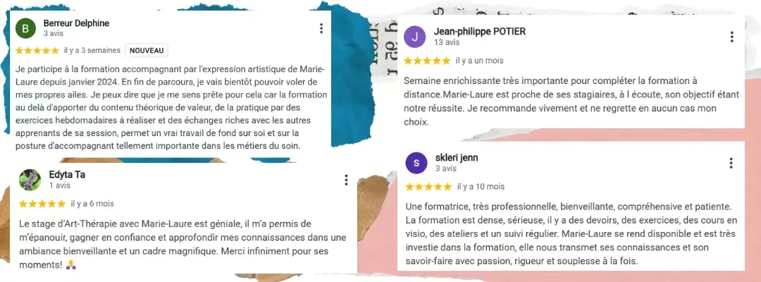 Captures d'écran d'avis Google 5 étoiles et témoignages de stagiaires sur le sérieux de la formation en art-thérapie et coaching à distance de l'école C.A.T®.