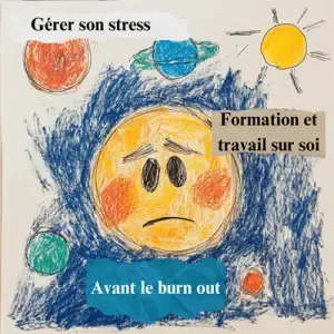 Dessin d'un visage triste dans l'espace avec les textes Gérer son stress, Avant le burn out, Formation et travail sur soi, lié à l'art-thérapie C.A.T®.