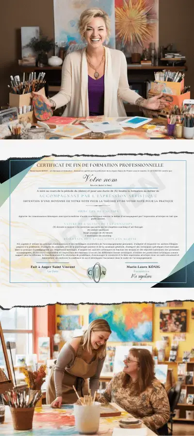 Modèle de certificat de formation professionnelle de praticien en art-thérapie coaching art thérapie© délivré par c-a-t©, illustré par des ateliers pratiques d'art-thérapie.