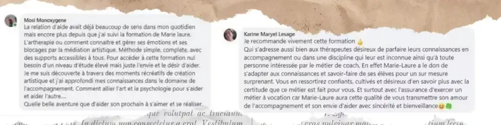 Retours d'expérience et avis sur la formation de coaching en art-thérapie par la médiation artistique et la relation d'aide de Marie-Laure König.