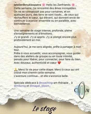Témoignage d'élève sur le stage pratique de la formation certifiante d'accompagnant par l'expression artistique et praticien en art-thérapie de la méthode C.A-T©.