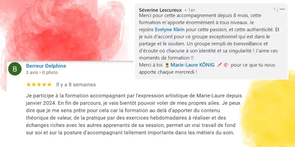 Témoignages et avis d'élèves sur la formation professionnelle en ligne de coaching art-thérapie et d'accompagnant par l'expression artistique de Marie-Laure König.
